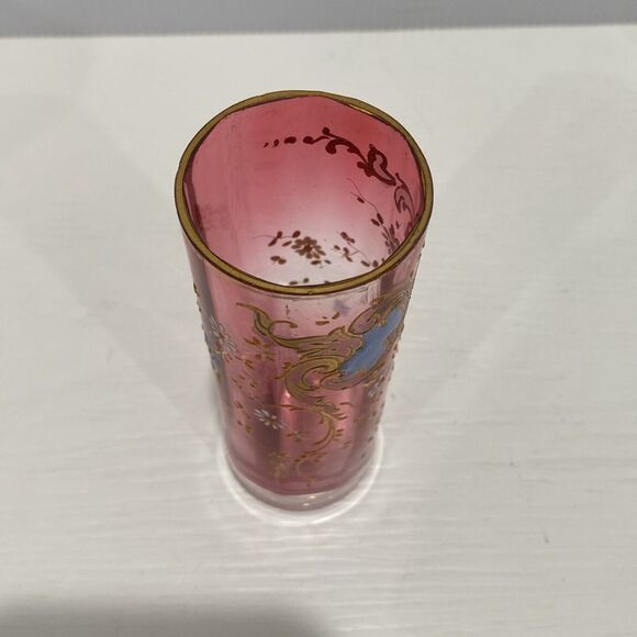 Vintage Hand Blown Cranberry Glass Hand Painted 3D Floral Single Bud Vase - Picture 7 of 9